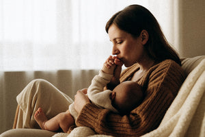 A mum is kissing baby's hand
