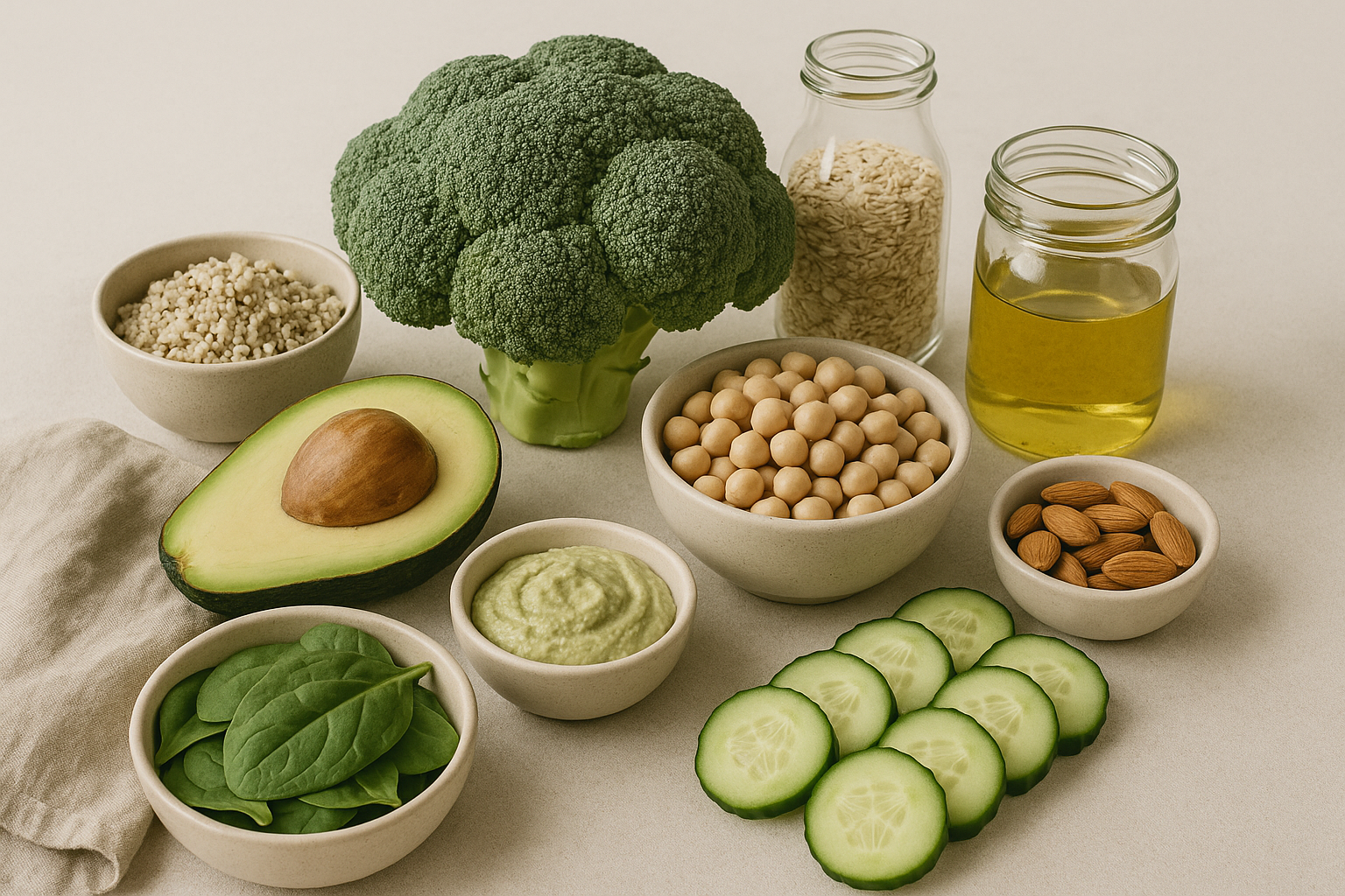 super food on the table including broccoli, avocado, nuts, spinach, cucumber