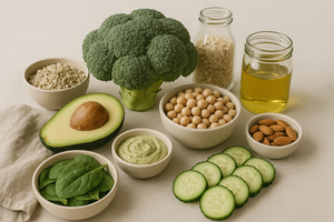 super food on the table including broccoli, avocado, nuts, spinach, cucumber