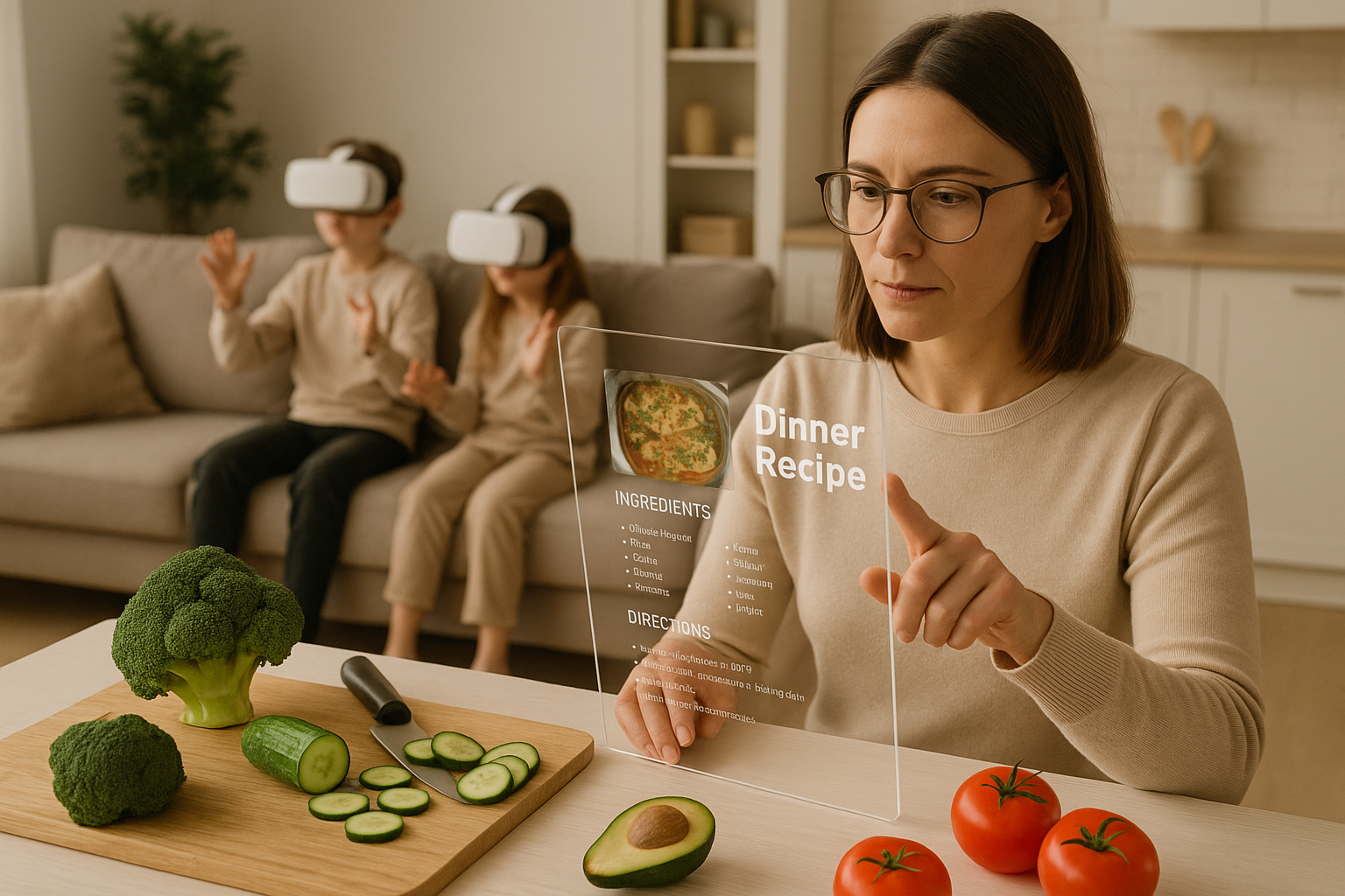 mum is searching on her glass screen for dinner receipe, and kids are playing their VR games on the couch.