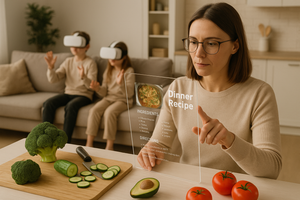 mum is searching on her glass screen for dinner receipe, and kids are playing their VR games on the couch.