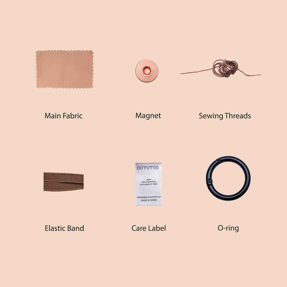 Oeko Tex 100 certified material list with photos. From left to right: main fabric, magnet, sewing threads, elastic band, care label, O-ring.